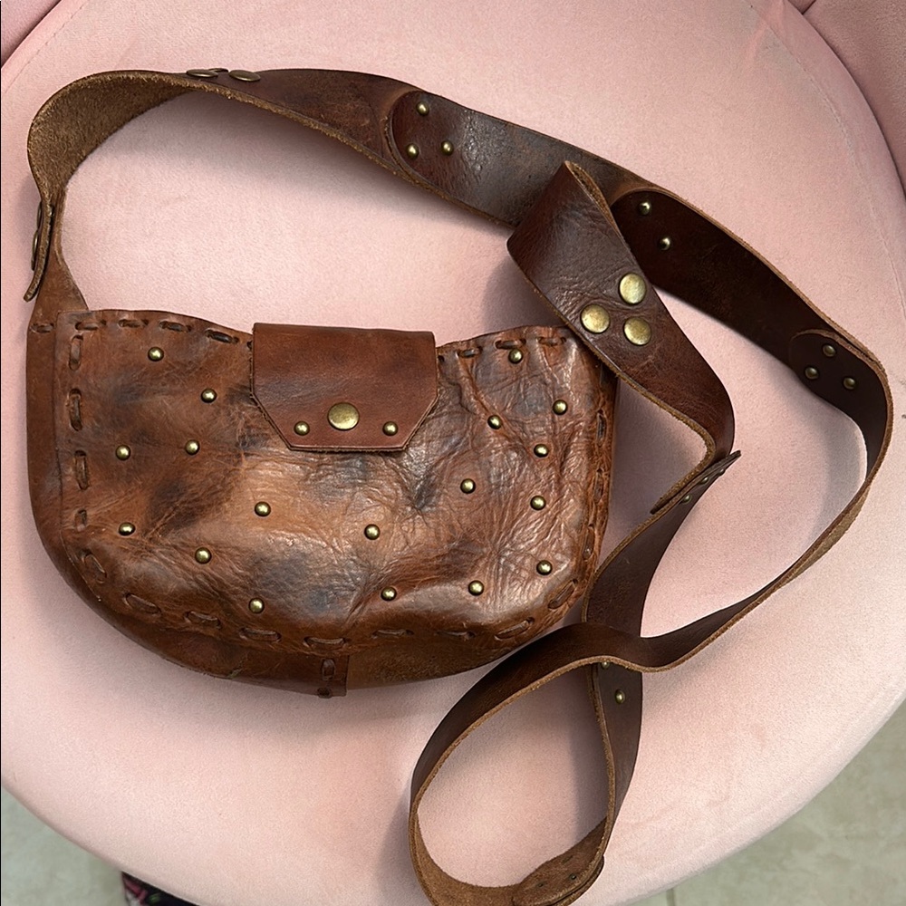 Brown Leather Studded Crossbody Bag